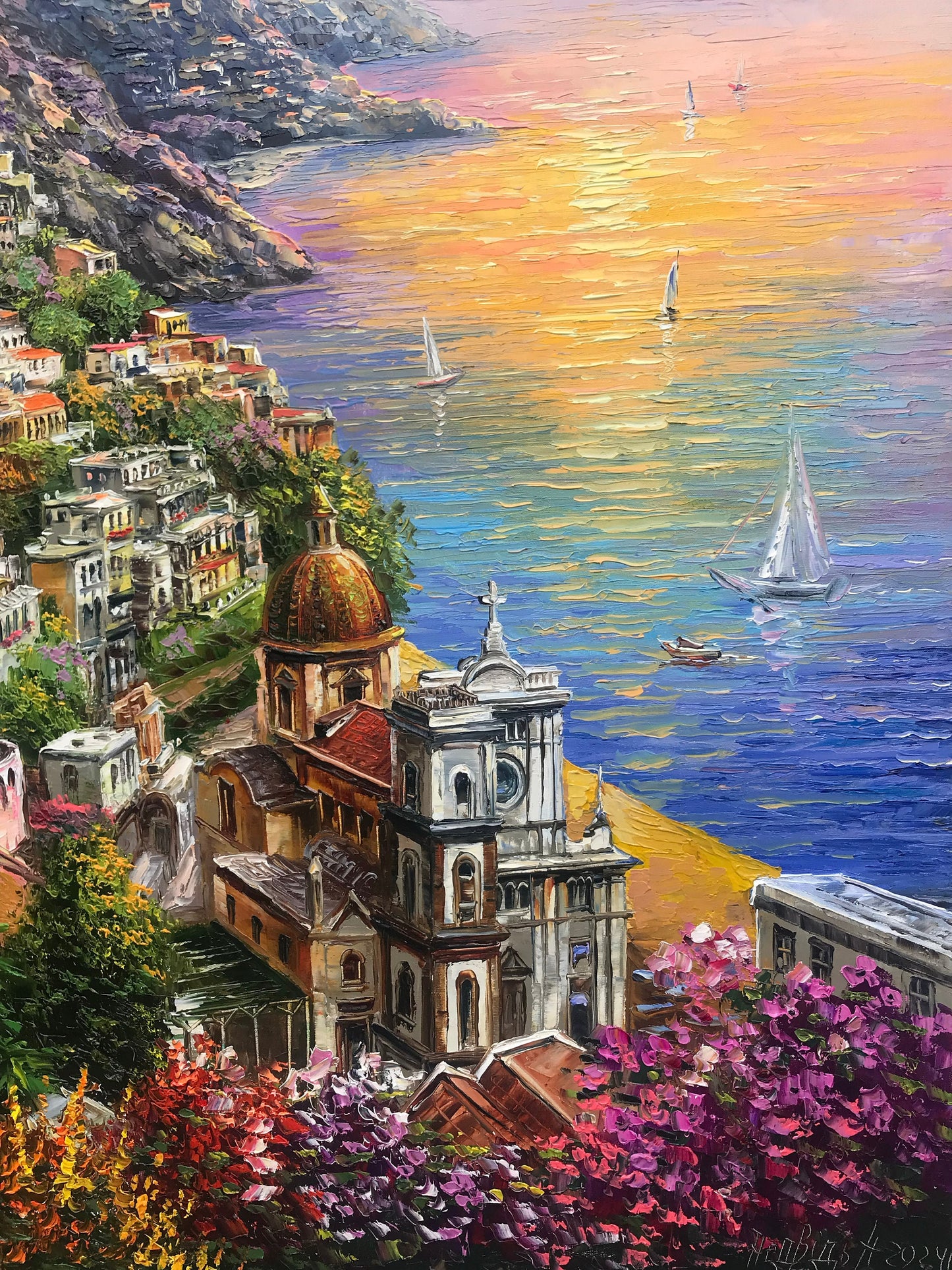 Positano Amalfi Coast Oil Painting Original, Famous Painting Italy Wall Art, Most Beautiful Coastal Italian Towns Painting