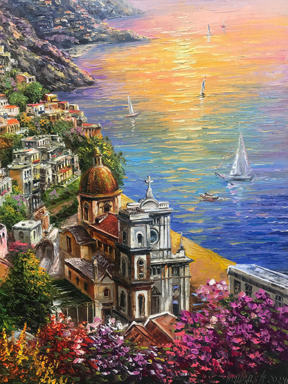 Positano Amalfi Coast Oil Painting Original, Famous Painting Italy Wall Art, Most Beautiful Coastal Italian Towns Painting