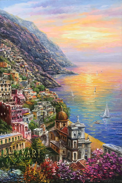 Positano Amalfi Coast Oil Painting Original, Famous Painting Italy Wall Art, Most Beautiful Coastal Italian Towns Painting