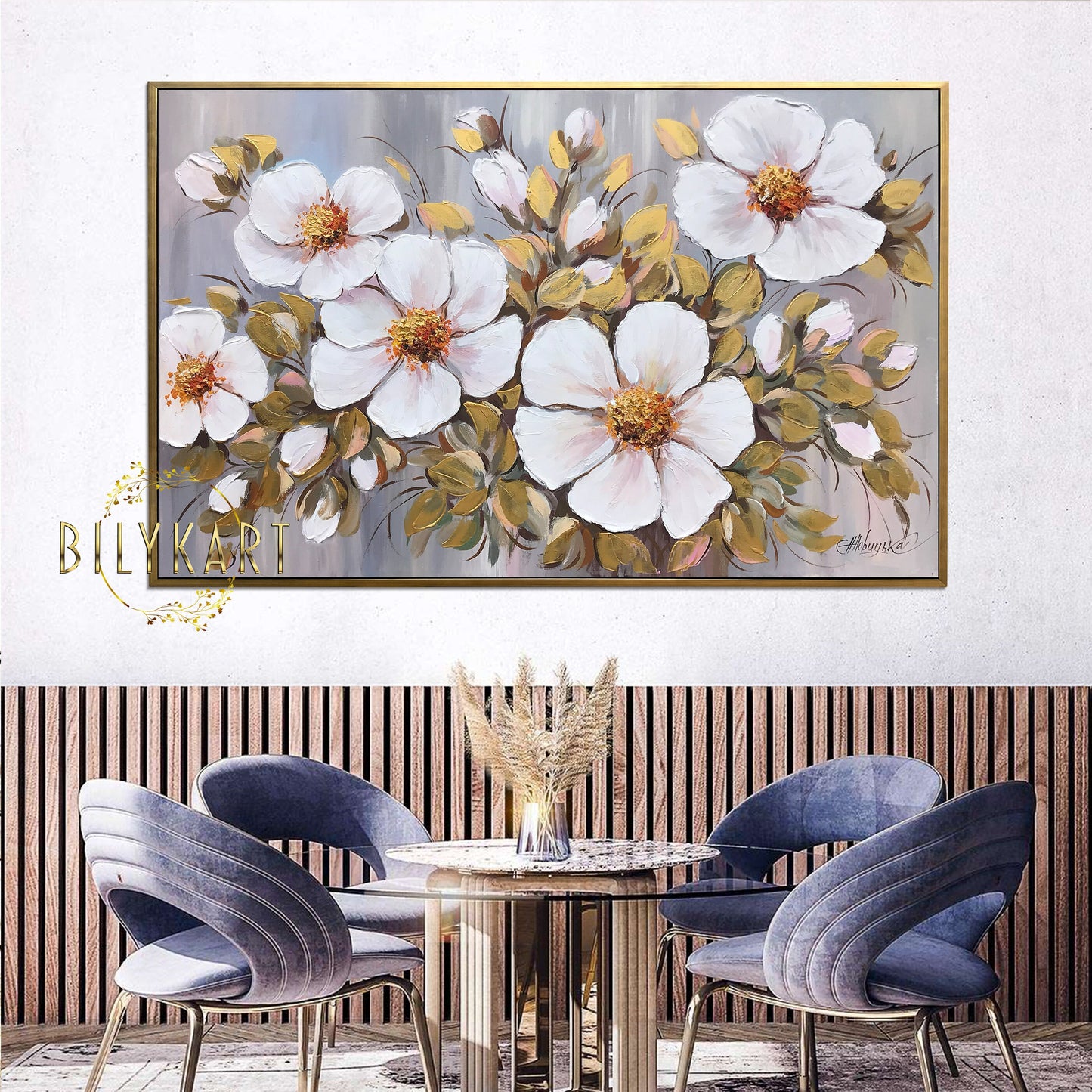 Cherry Blossom Painting Original White Flower Art Gold Cherry Blossom Art Abstract Flower Oil Painting Bloom Wall Art Floral Painting Canvas