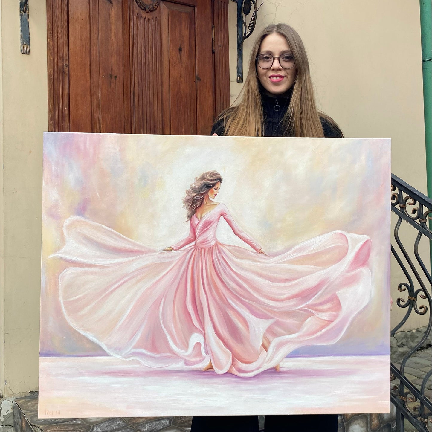 Dancing Woman Painting on Canvas Pink Ballerina Wall Art Elegant Lady in Pink Dress Painting Modern Ballerina Art Dancer Oil Painting