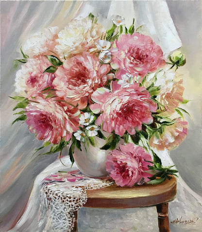 Peony Oil Painting Original Pink Peony Bouquet Painting on Canvas White and Pink Flowers in Vase Art Peonies Painting Spring Artwork