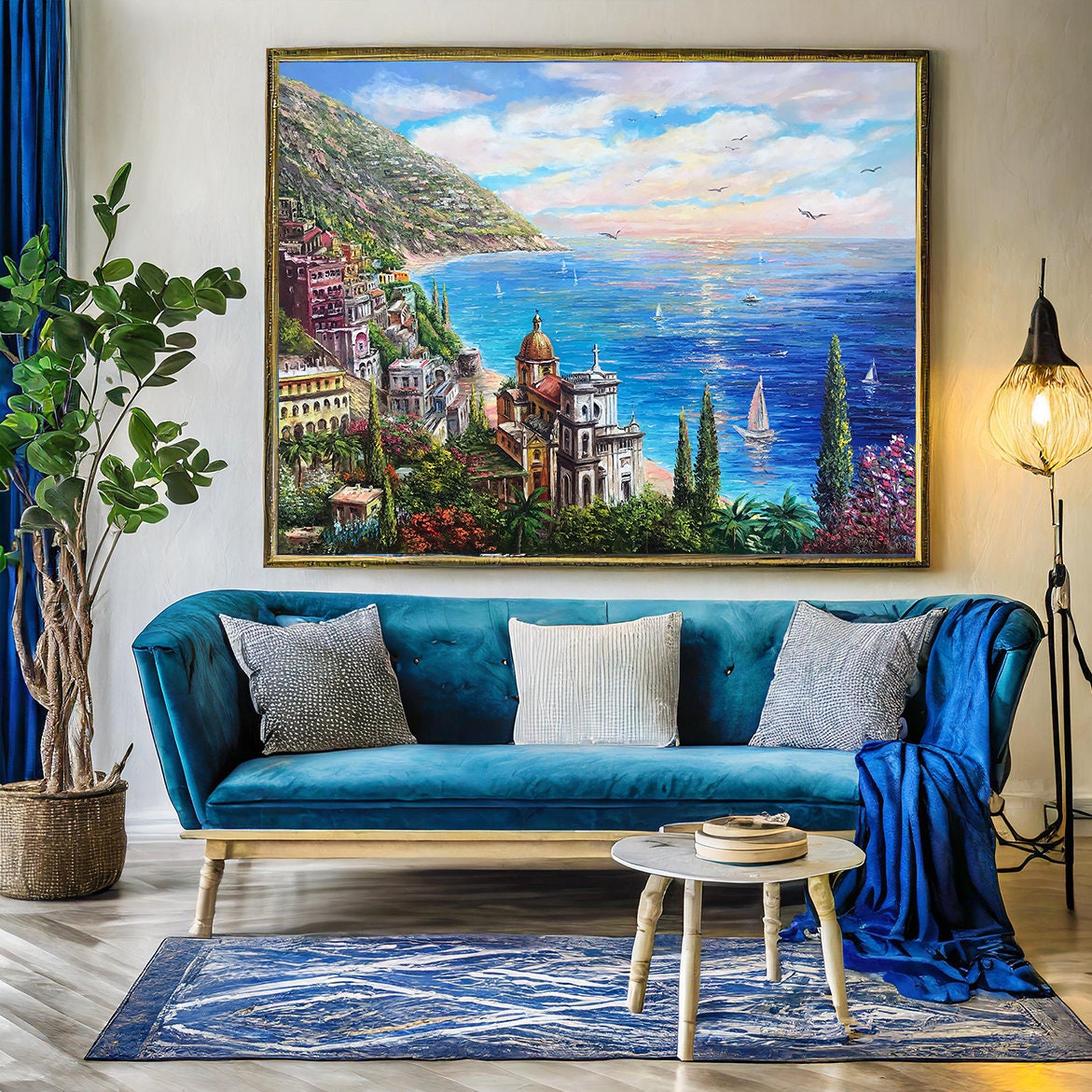 Positano Coast Italy Oil Painting Original Italian Scenery Paintings Italy Artwork Panoramic Seascape Painting Italian Amalfi Coast Painting