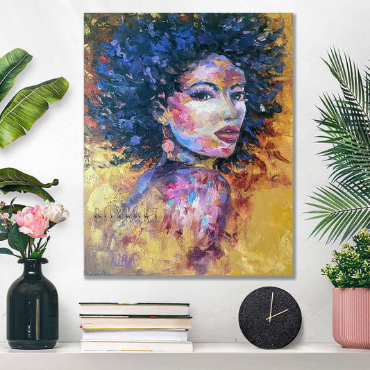 African Woman Oil Painting Abstract African Wall Art Luxury Gift for Her Modern Gold Painting Black Girl Wall Decor Contemporary Art