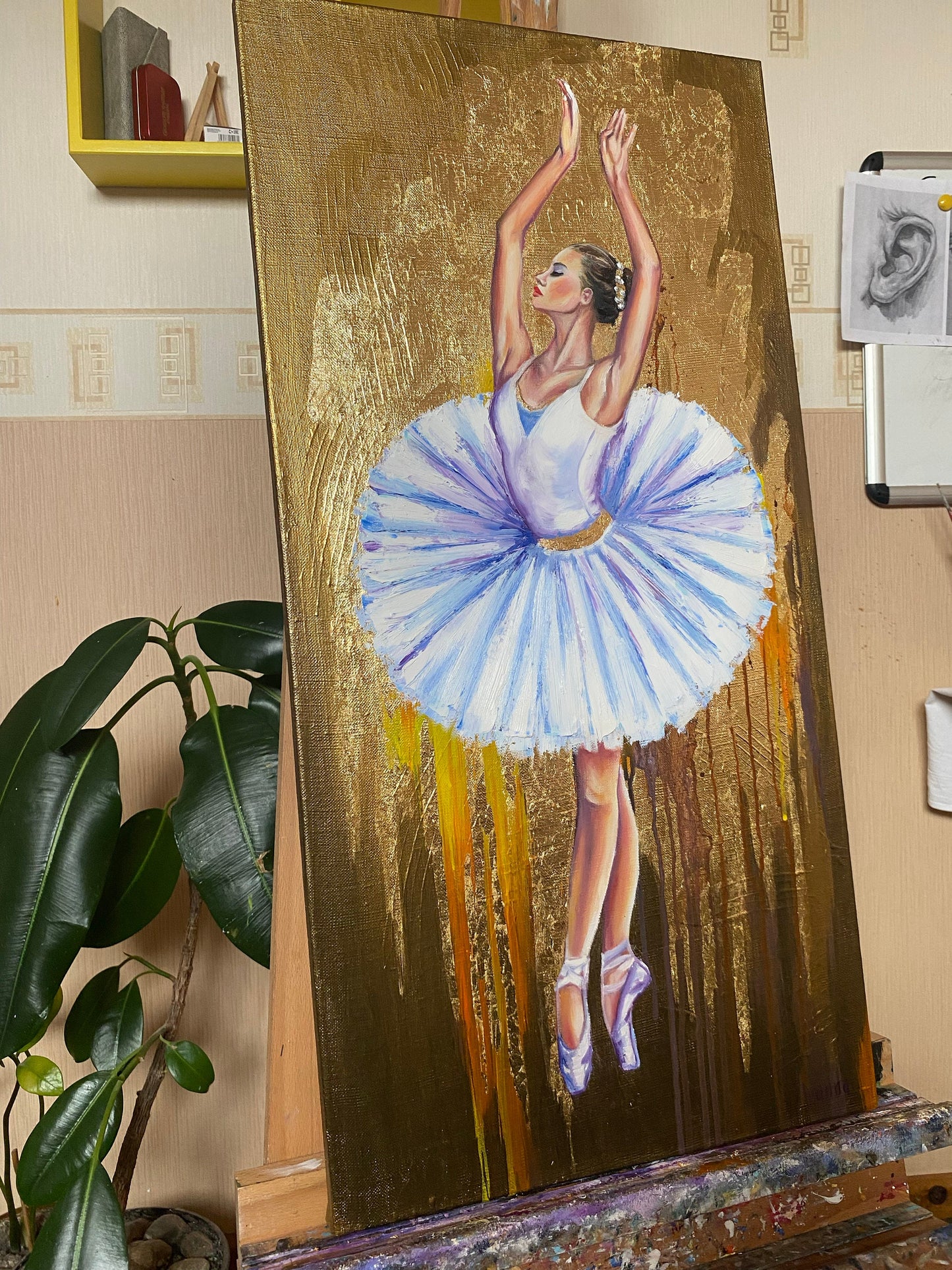 Dancing Ballerina Oil Painting Original Ballet Dancer Art Ballet Paintings Gold Ballerina in White Dress Oil Painting Ballerina Wall Decor