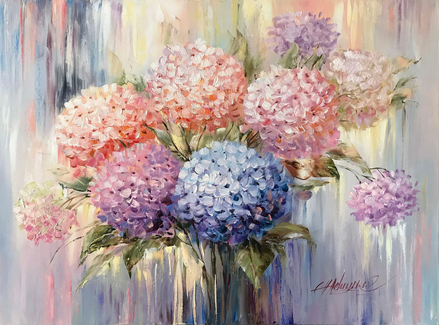 Hydrangea Painting Original Blue Hydrangea Wall Art Pink Abstract Flowers Paintings on Canvas Contemporary Handmade Painting Textured Art