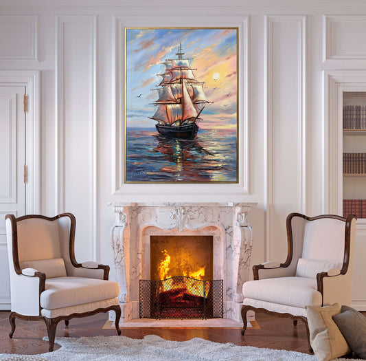 Large Ship Painting Original Ocean Oil Painting Sailing Art Sail Boat Decor Peaceful Wall Art Seaside Decor Ship at Sea Sunset Painting