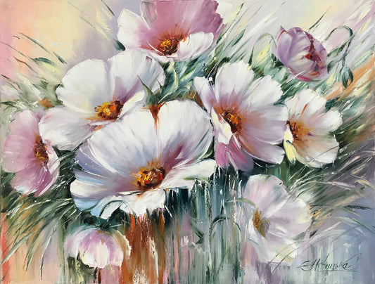 Abstract Floral Original Oil Painting Canvas Floral Wall Art Purple Flowers Painting Abstract Flower Art Modern White Floral Painting