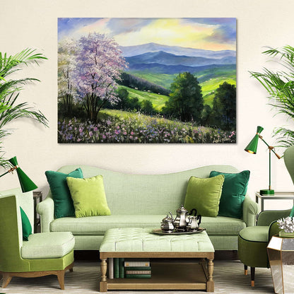 Blue Ridge Mountains Painting on Canvas Smoky Mountains Art Blue Ridge Mountains Wall Art Wildflowers and Mountain Oil Painting Original Art