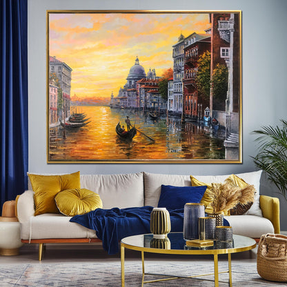 Venice Landscape Painting on Canvas Venice Italy Wall Art Venice Canal Oil Painting Original Gondola Artwork Sunset in Venice Painting