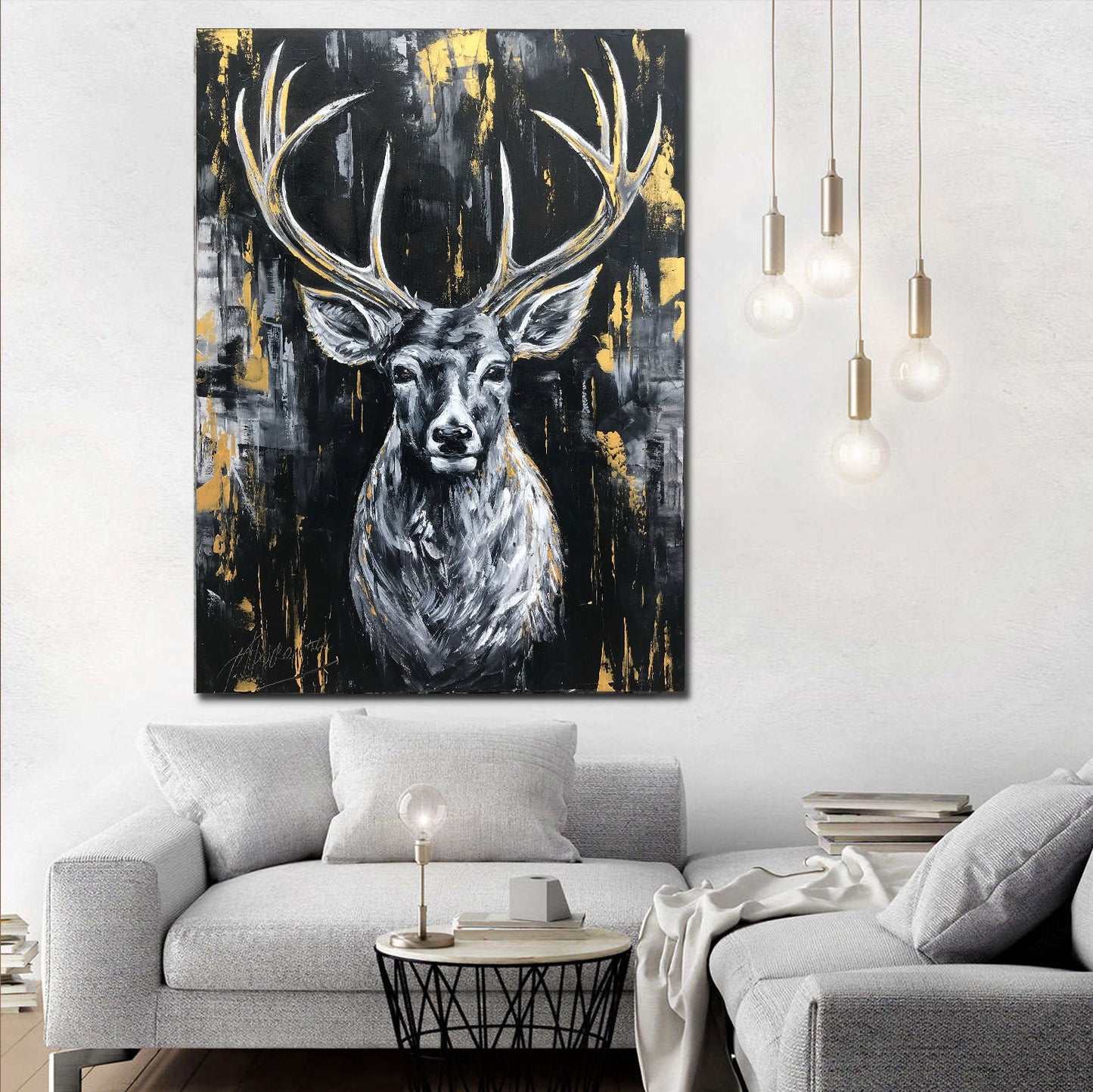 Abstract Deer Painting Original Wildlife Art Oil Deer Head Wall Art Modern Black & Gold Wild Life Painting Oversized Deer Painting Abstract