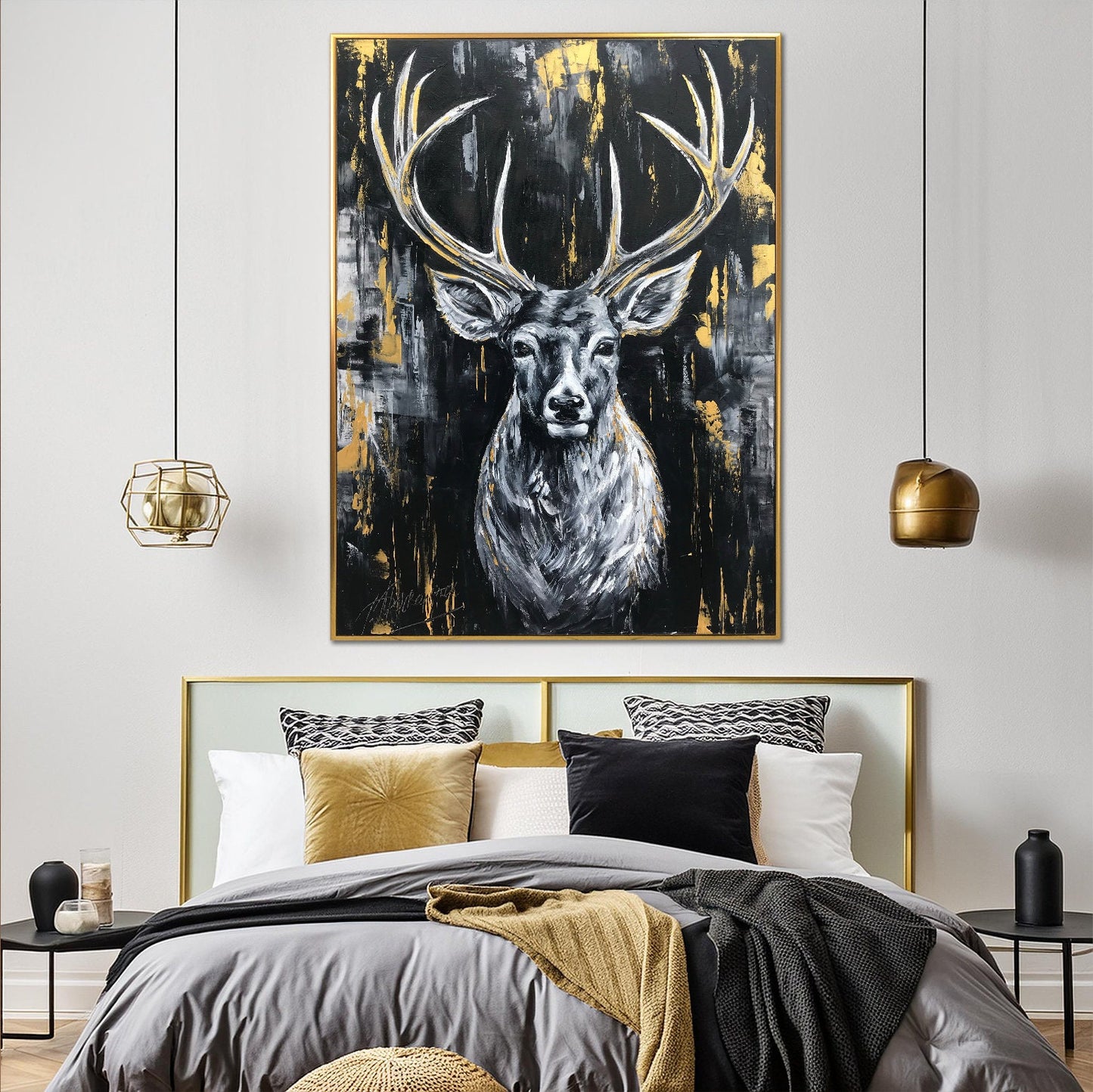 Abstract Deer Painting Original Wildlife Art Oil Deer Head Wall Art Modern Black & Gold Wild Life Painting Oversized Deer Painting Abstract