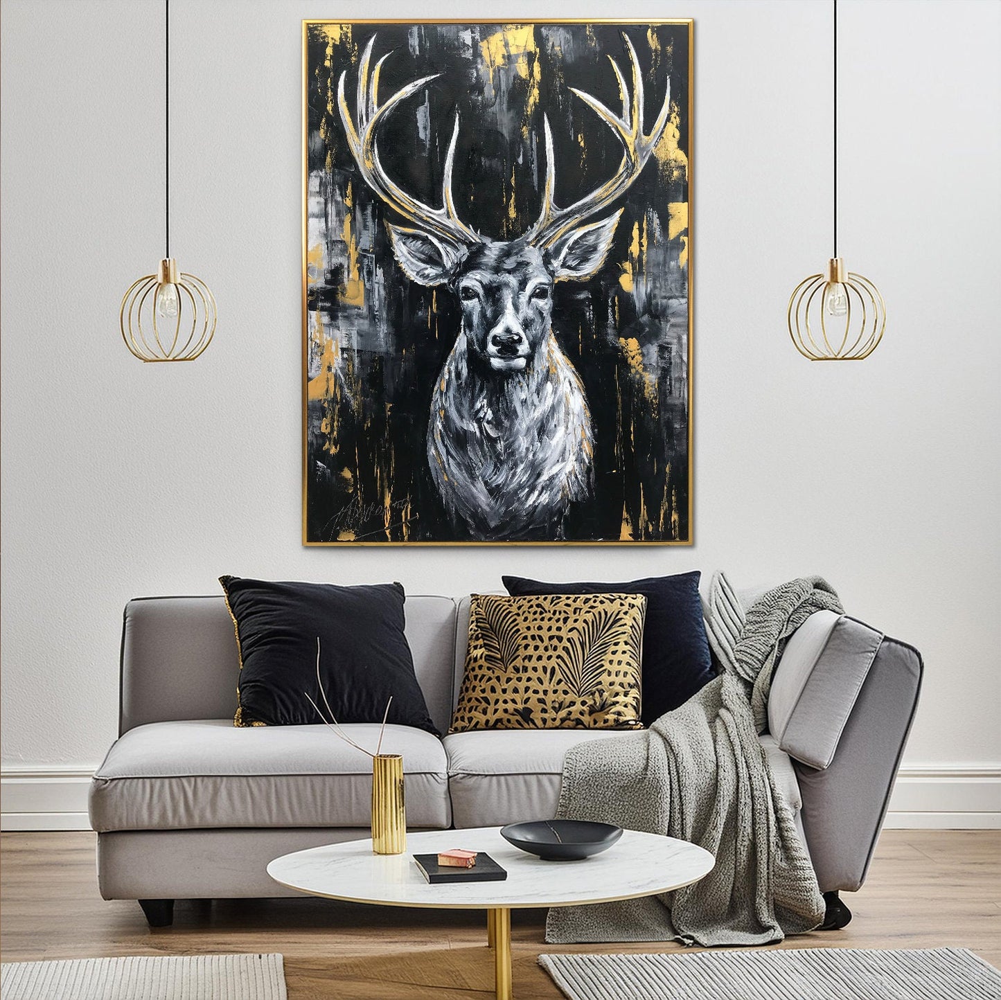 Abstract Deer Painting Original Wildlife Art Oil Deer Head Wall Art Modern Black & Gold Wild Life Painting Oversized Deer Painting Abstract