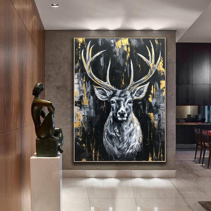 Abstract Deer Painting Original Wildlife Art Oil Deer Head Wall Art Modern Black & Gold Wild Life Painting Oversized Deer Painting Abstract