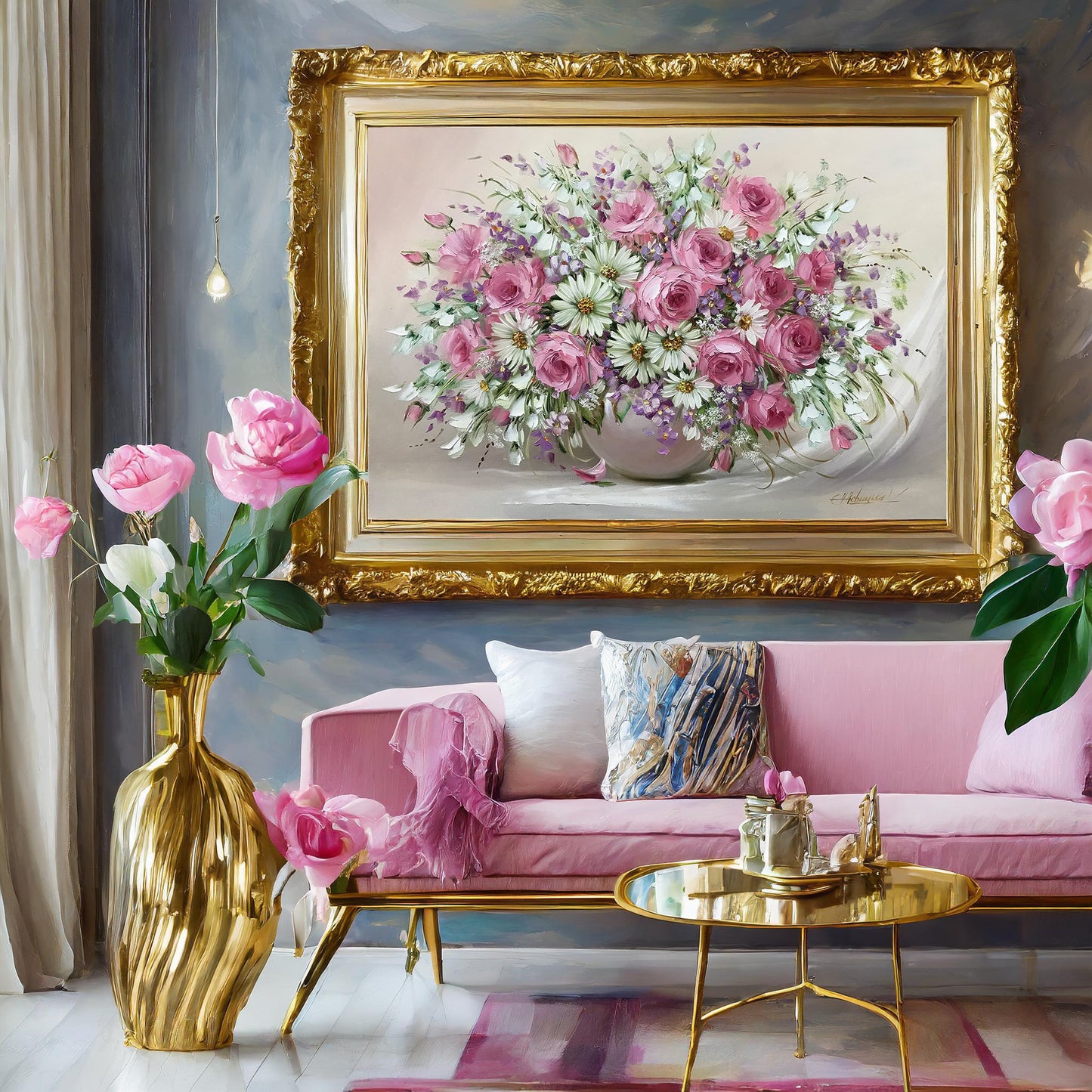 Roses Bouquet Oil Painting Original Flowers in a Vase Painting Classic Artwork Pink Flowers Art Rose Flower Oil Painting Luxury Gift For Her