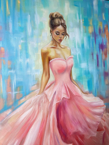 Large Abstract Woman Oil Painting Original Abstract Woman Canvas Wall Art Blue Pink Cinderella Painting Modern Girl in Pink Dress Painting