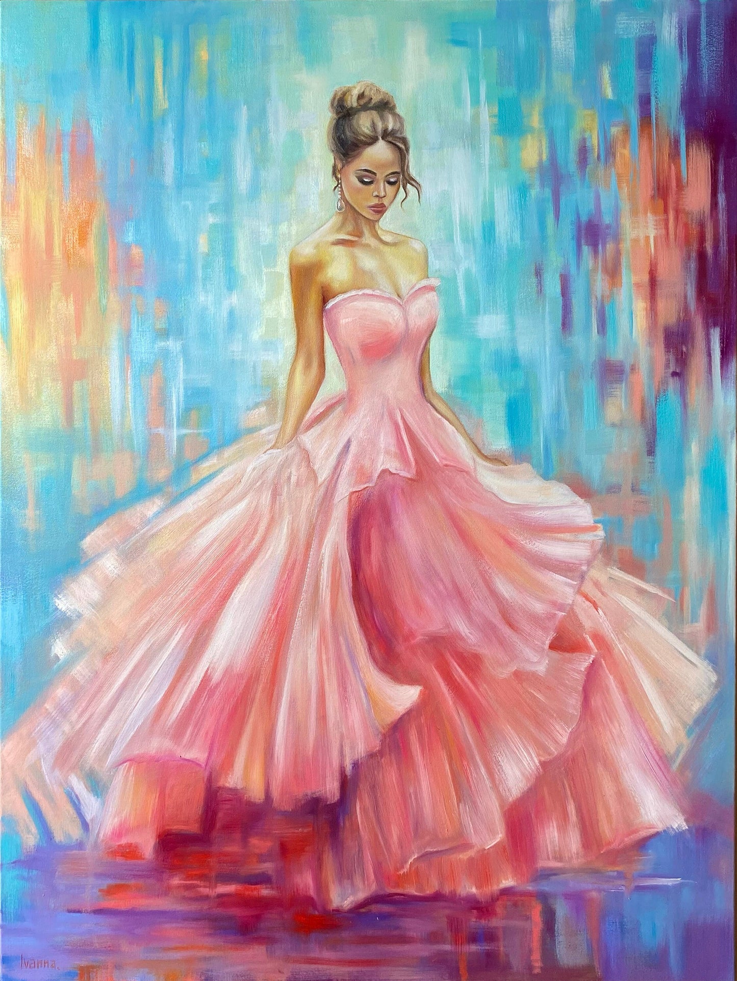 Large Abstract Woman Oil Painting Original Abstract Woman Canvas Wall Art Blue Pink Cinderella Painting Modern Girl in Pink Dress Painting