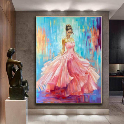 Large Abstract Woman Oil Painting Original Abstract Woman Canvas Wall Art Blue Pink Cinderella Painting Modern Girl in Pink Dress Painting