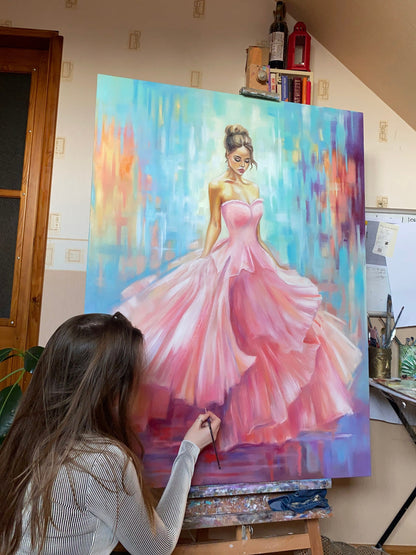 Large Abstract Woman Oil Painting Original Abstract Woman Canvas Wall Art Blue Pink Cinderella Painting Modern Girl in Pink Dress Painting