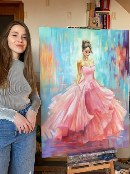 Large Abstract Woman Oil Painting Original Abstract Woman Canvas Wall Art Blue Pink Cinderella Painting Modern Girl in Pink Dress Painting