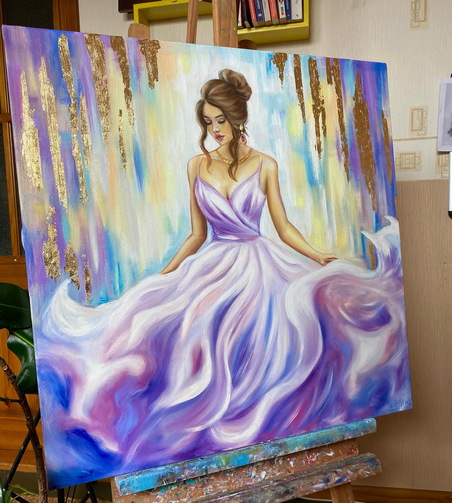 Abstract Woman Paintings on Canvas Beautiful Lady in Purple Dress Painting Original Abstract Woman Canvas Wall Art Gold Leaf Woman Painting