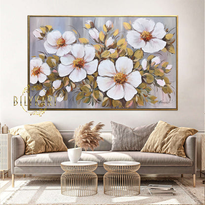 Cherry Blossom Painting Original White Flower Art Gold Cherry Blossom Art Abstract Flower Oil Painting Bloom Wall Art Floral Painting Canvas