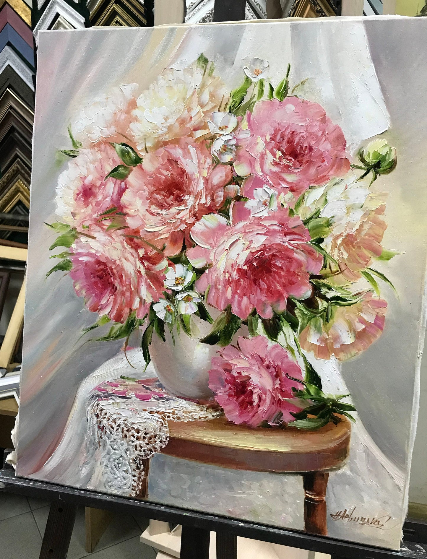 Peony Oil Painting Original Pink Peony Bouquet Painting on Canvas White and Pink Flowers in Vase Art Peonies Painting Spring Artwork