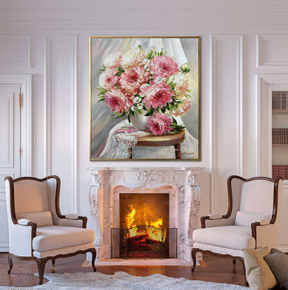 Peony Oil Painting Original Pink Peony Bouquet Painting on Canvas White and Pink Flowers in Vase Art Peonies Painting Spring Artwork