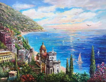 Positano Coast Italy Oil Painting Original Italian Scenery Paintings Italy Artwork Panoramic Seascape Painting Italian Amalfi Coast Painting