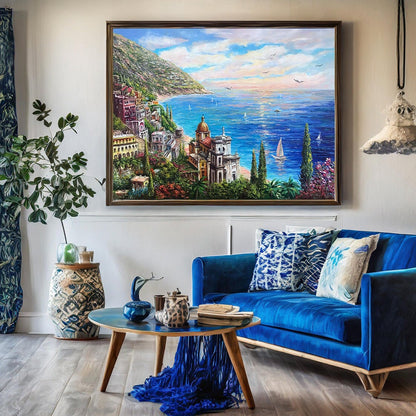 Positano Coast Italy Oil Painting Original Italian Scenery Paintings Italy Artwork Panoramic Seascape Painting Italian Amalfi Coast Painting