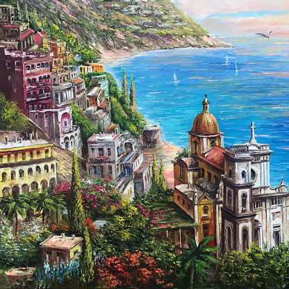 Positano Coast Italy Oil Painting Original Italian Scenery Paintings Italy Artwork Panoramic Seascape Painting Italian Amalfi Coast Painting