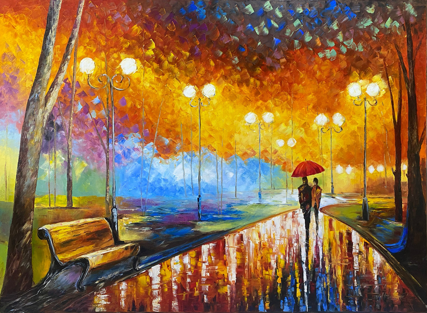 Couple Walking in Park Oil Painting Original Autumn Landscape Painting Fall Wall Art Couple Under Umbrella in Rain Painting Colorful Artwork