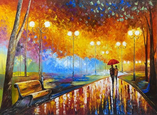 Couple in Park Oil Painting Original Autumn Landscape Painting Fall Wall Art Couple Under Red Umbrella Artwork Beautiful Rainy Day Scene Painting