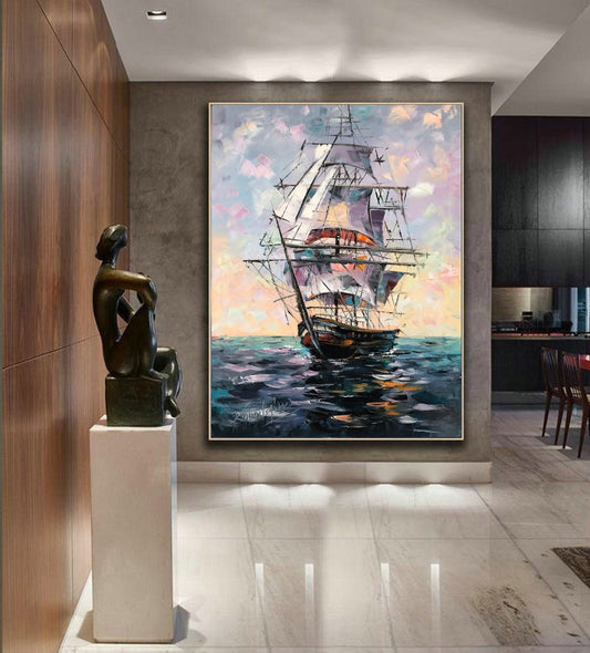 Abstract Sailboat Painting Original Boat Art Ship Oil Painting Framed Seascape Wall Art Large Sailing Ship Painting Canvas Ocean Décor