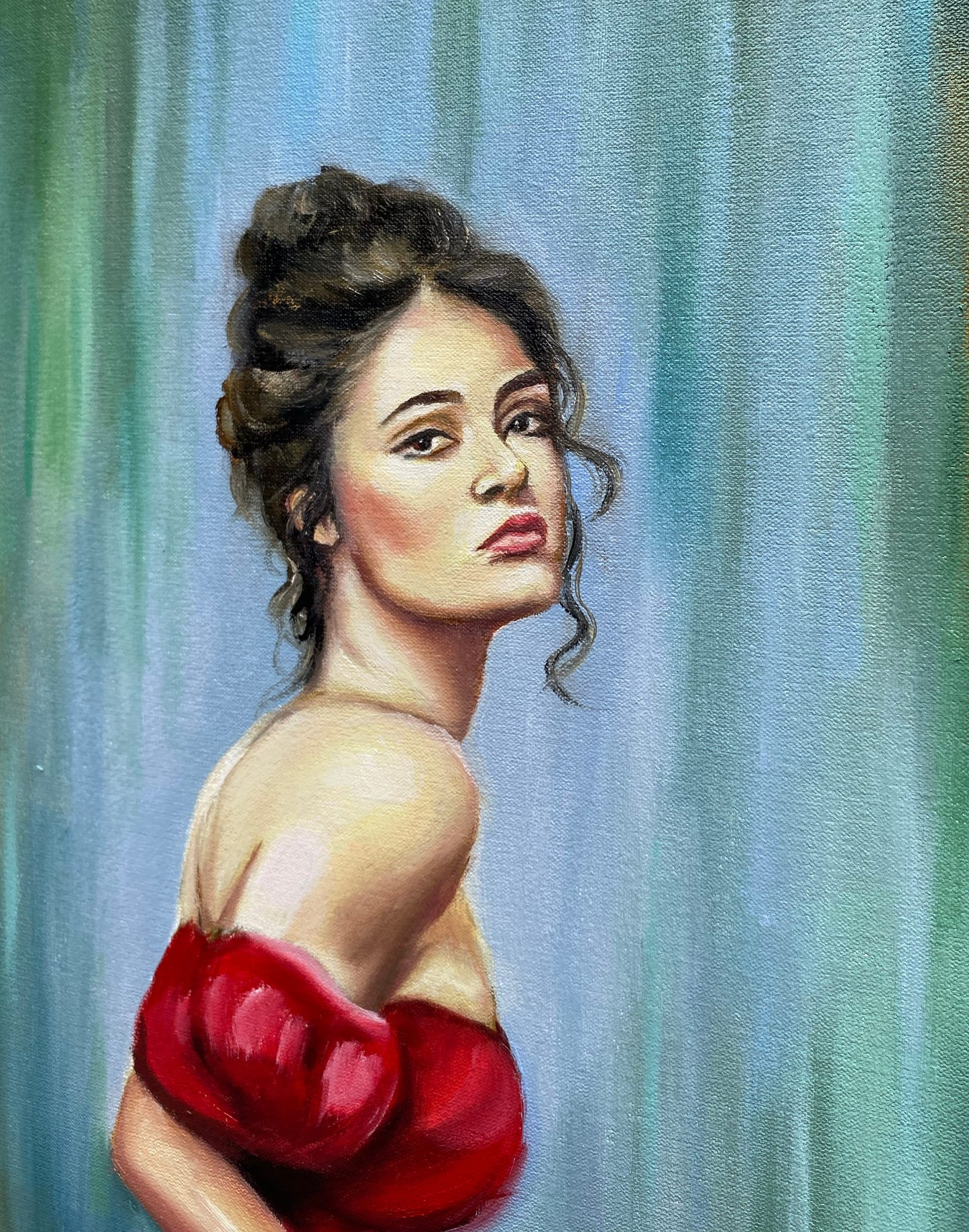 Lady in Red Dress Oil Painting Original Abstract Modern Woman Painting Green and Red Wall Art Beautiful Painting of Woman Elegant Modern Art