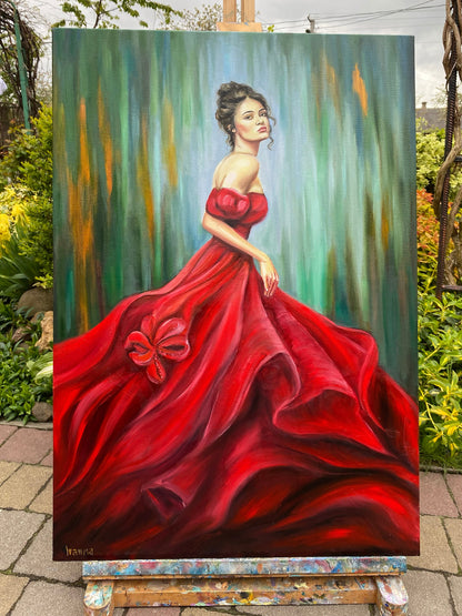 Lady in Red Dress Oil Painting Original Abstract Modern Woman Painting Green and Red Wall Art Beautiful Painting of Woman Elegant Modern Art