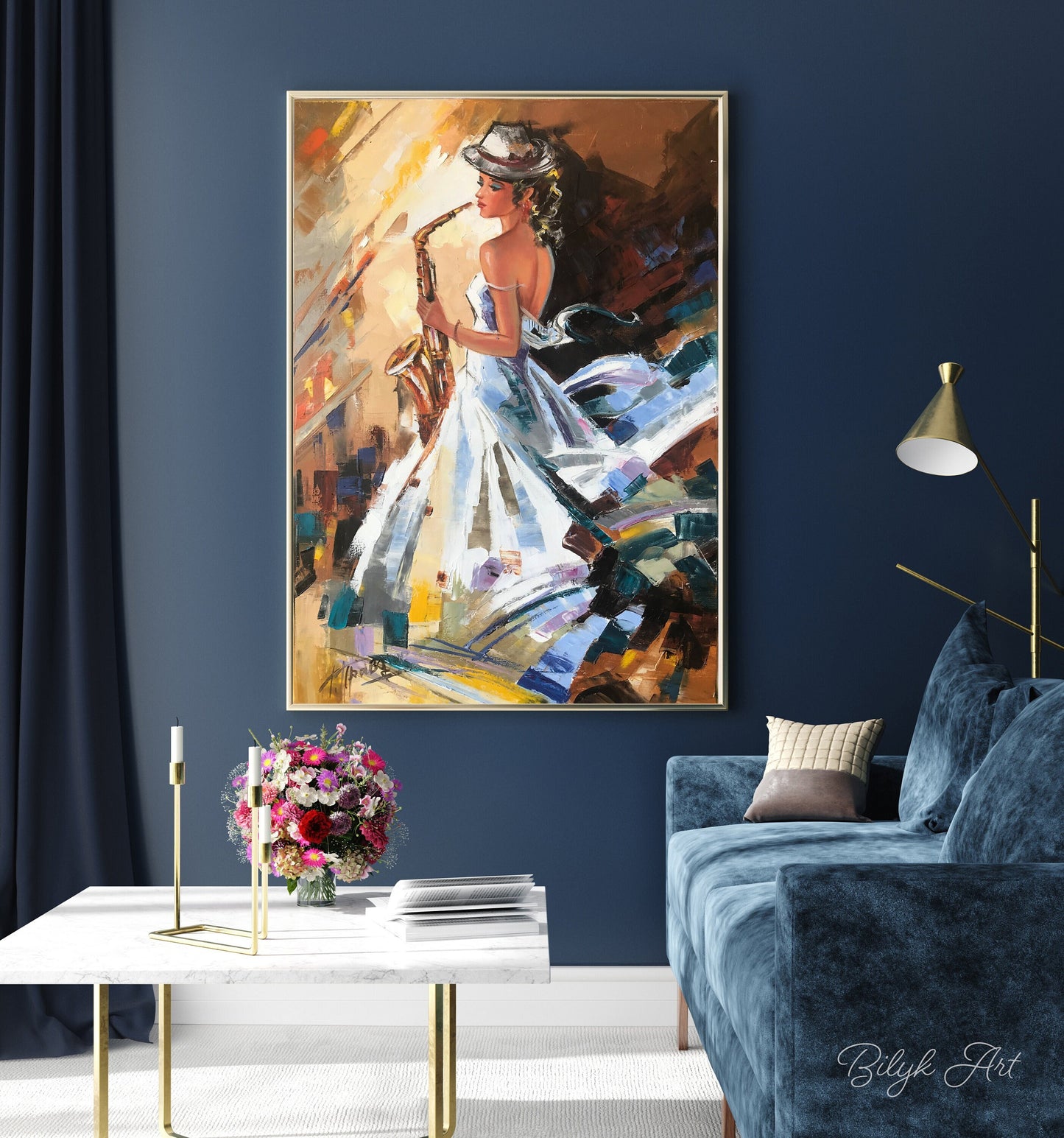 Elegant Woman Oil Painting Original Female Art Work Saxophonist Gifts Woman Playing Saxophone Canvas Painting Jazz Wall Art Saxophone Gifts