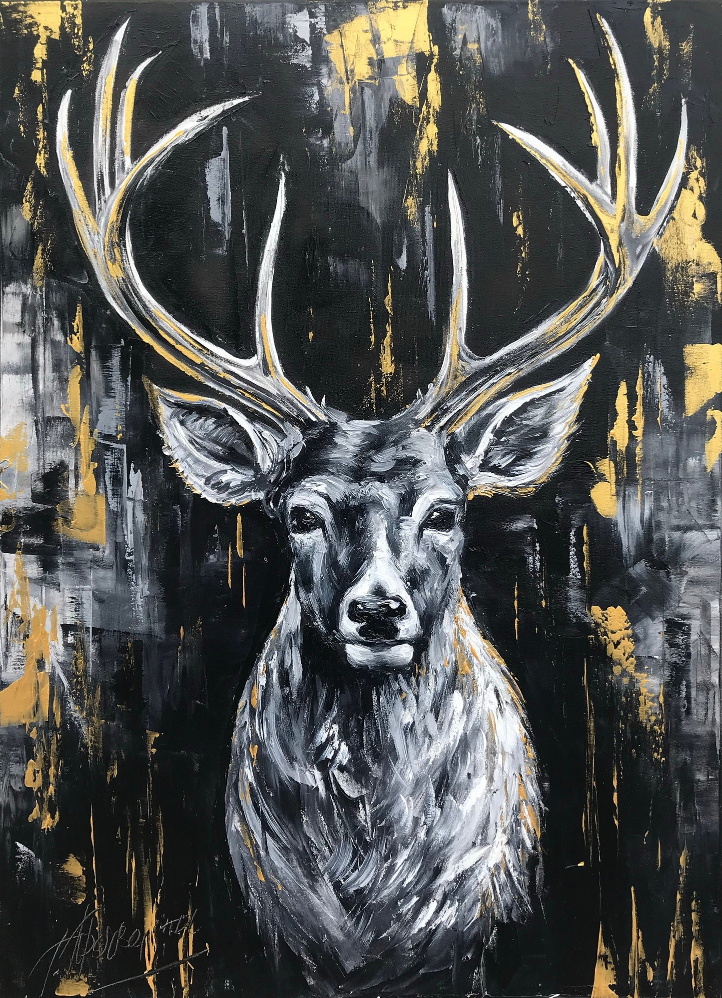 Abstract Deer Painting Original Wildlife Art Oil Deer Head Wall Art Modern Black & Gold Wild Life Painting Oversized Deer Painting Abstract