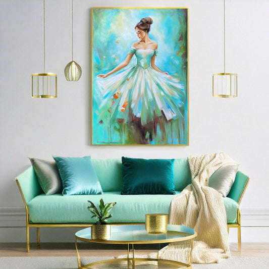 Abstract Girl in Dress Painting on Canvas Elegant Wall Art Woman in Green Dress Painting Beautiful Girl Artwork Pretty Lady Paintings