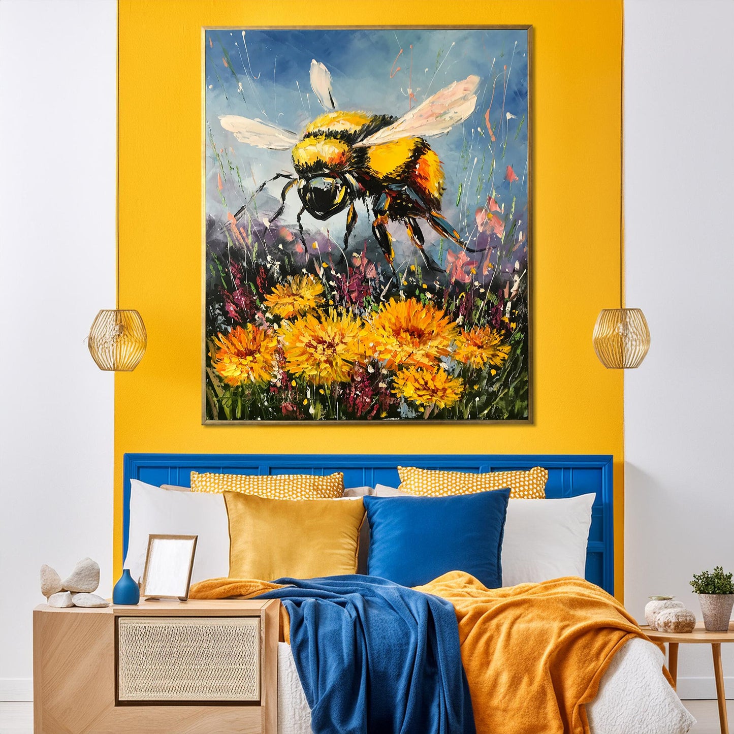 Bumble Bee Painting on Canvas Bumble Bee Decor Bee on Flower Art Bumblebee Painting Yellow Flowers Painting Bee Lovers Beekeeper Gift