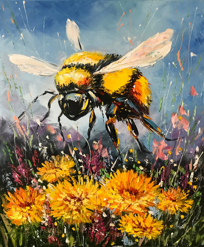 Bumble Bee Painting on Canvas Bumble Bee Decor Bee on Flower Art Bumblebee Painting Yellow Flowers Painting Bee Lovers Beekeeper Gift