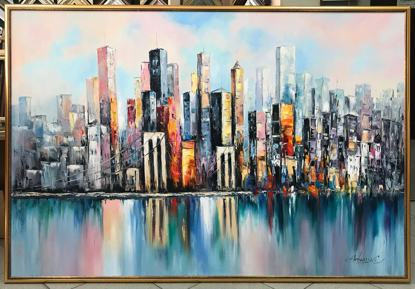 Abstract New York City Oil Painting, NYC Skyline Painting, Extra Large Brooklyn NY Modern Wall Art, City Skyline Abstract NYC Oil Painting