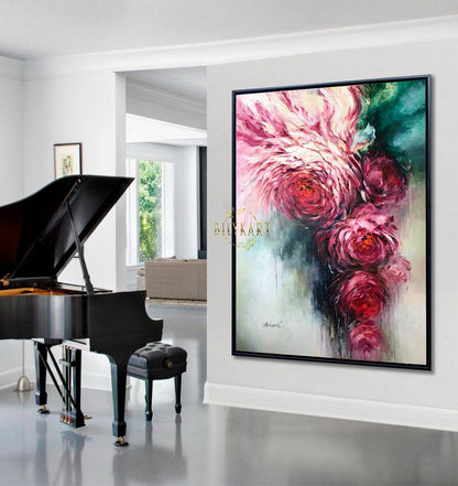 Abstract Flower Painting on Canvas Modern Floral Wall Art Framed Flower Painting Original Floral Artwork Red Roses Painting Flowers Art