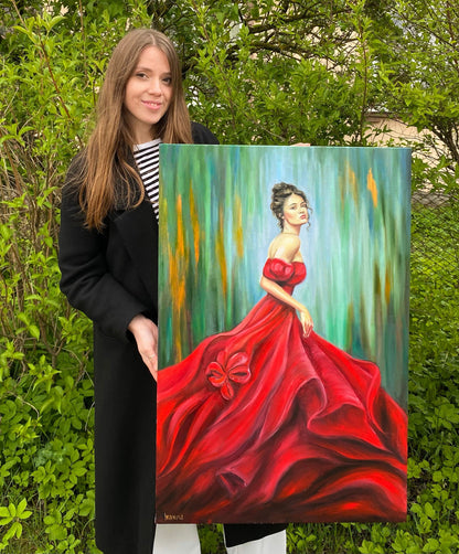 Lady in Red Dress Oil Painting Original Abstract Modern Woman Painting Green and Red Wall Art Beautiful Painting of Woman Elegant Modern Art