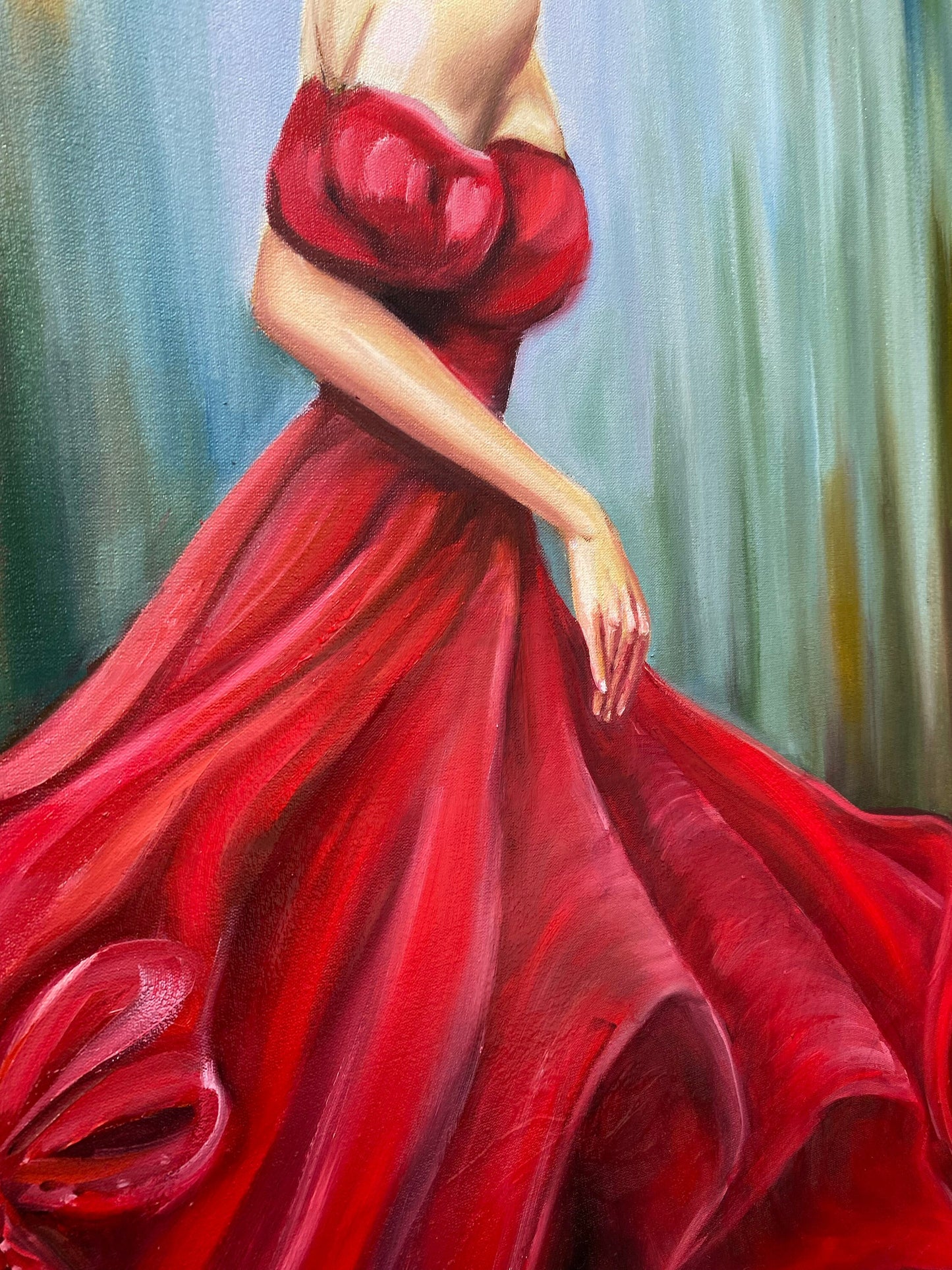 Lady in Red Dress Oil Painting Original Abstract Modern Woman Painting Green and Red Wall Art Beautiful Painting of Woman Elegant Modern Art