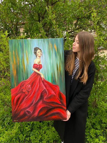 Lady in Red Dress Oil Painting Original Abstract Modern Woman Painting Green and Red Wall Art Beautiful Painting of Woman Elegant Modern Art