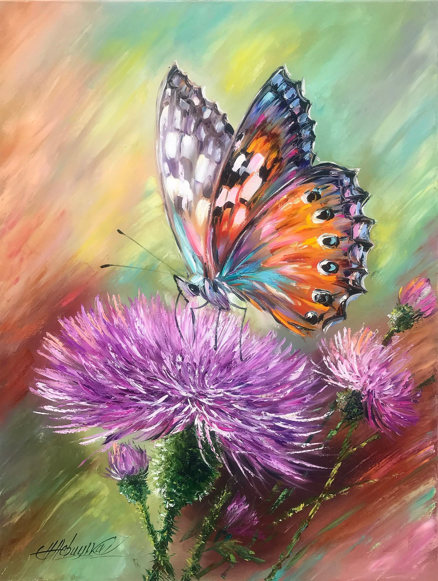 Abstract Butterfly Oil Painting Original Butterfly Wall Art Canvas Scottish Thistle Painting Butterfly Sitting Flower Painting Thistle Art