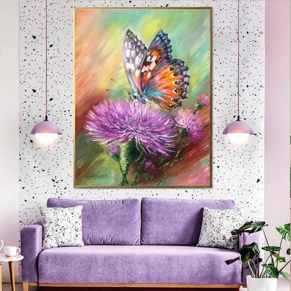 Abstract Butterfly Oil Painting Original Butterfly Wall Art Canvas Scottish Thistle Painting Butterfly Sitting Flower Painting Thistle Art