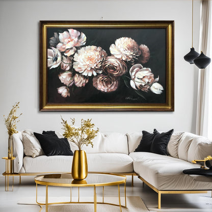 White Peonies Oil Painting Original Peonies Wall Art Black and White Flower Wall Decor Large Peony Painting on Canvas