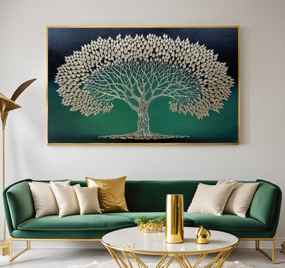 Oak Tree Art on Canvas Golden Tree Painting Green Paintings Acrylic Brush Strokes Modern Artwork Tree of Life Wall Art Oak Tree Art